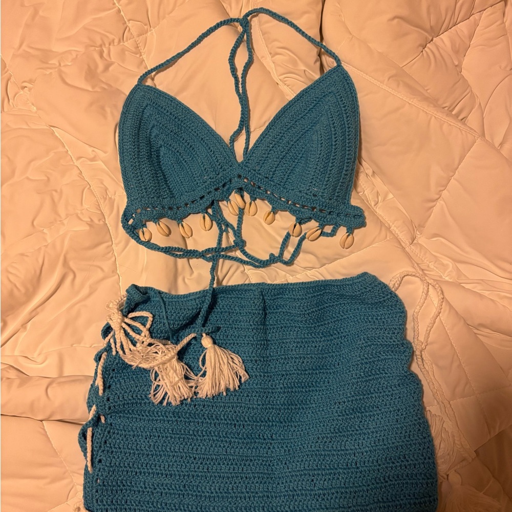 Blue Crochet Bikini Set with Tassels Medium